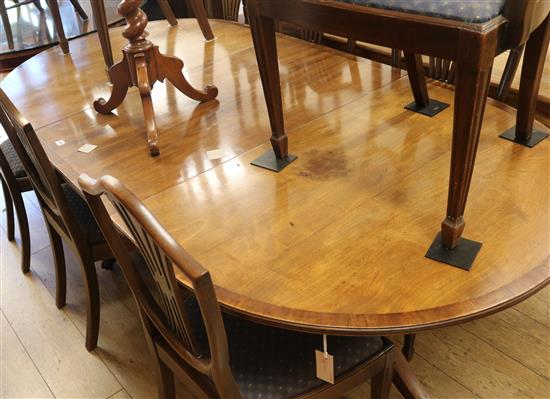 A mahogany twin pillar dining table and eight chairs, (6 plus 2 carvers). W.213cm with leaf